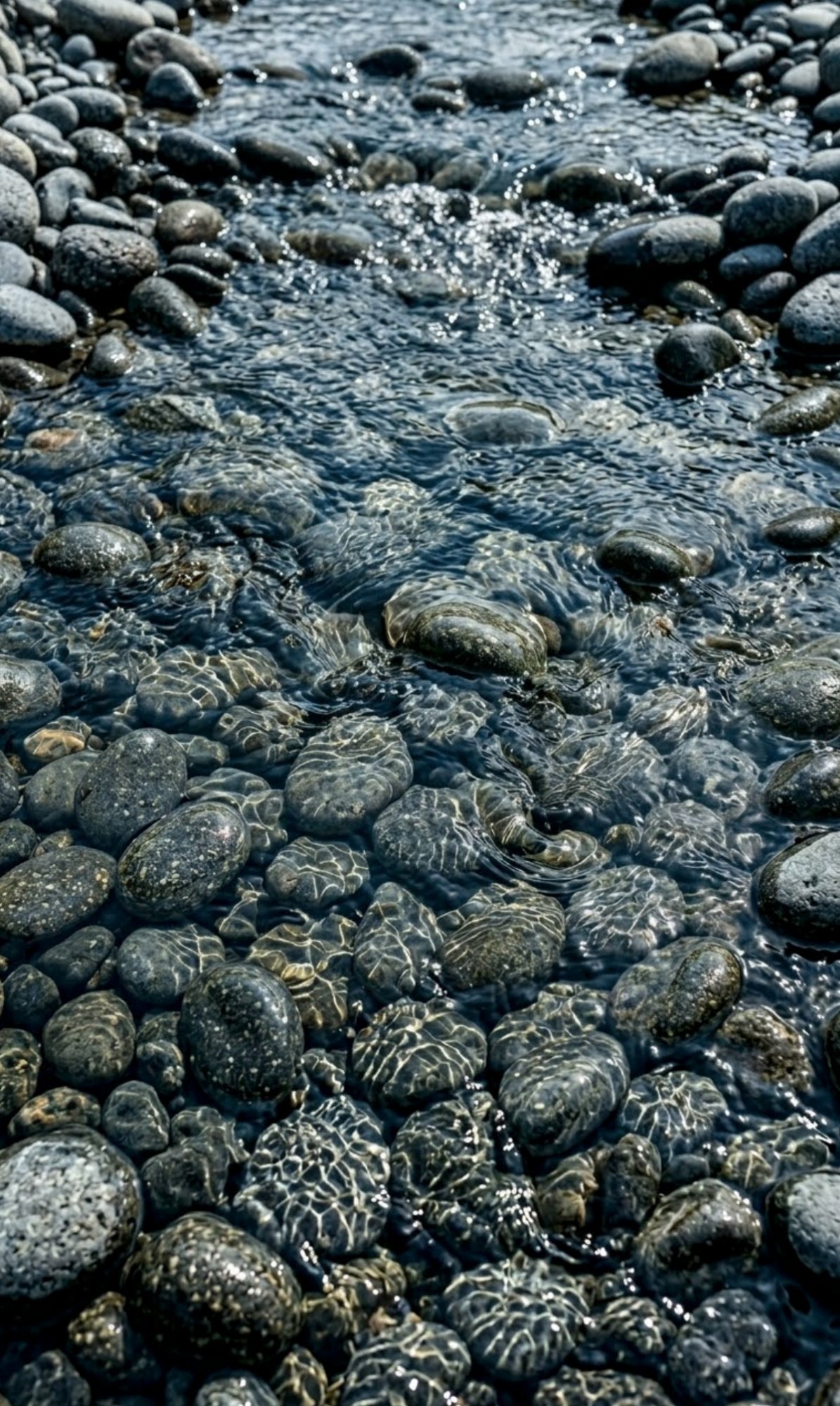 Smooth stones beneath clear water